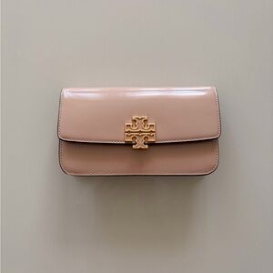 Tory Burch Patent Flap Crossbody in Nude Pink with Gold Logo
